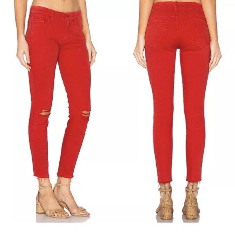 Mother Looker Ankle Fray Skinny Jeans Firecracker Red Raw Hem Size 25